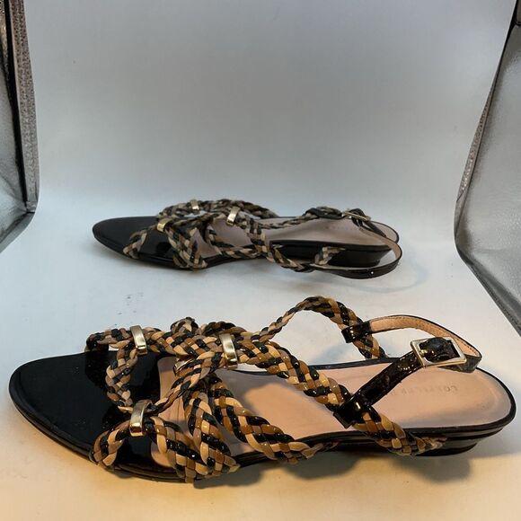 Loeffler Randal Ladies Sandals 8 Black Gold Beige Patent Leather Flats Shoes - Picture 10 of 15
